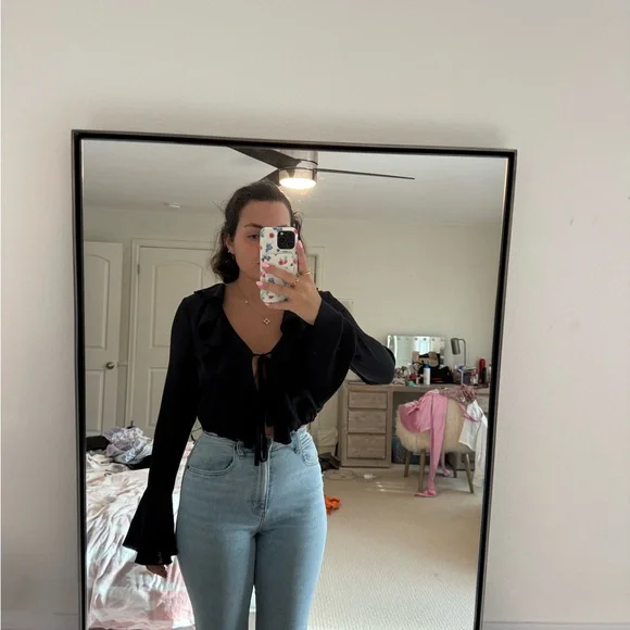 REVOLVE Black Tie-Front Ruffle Blouse - Picture 3 of 3